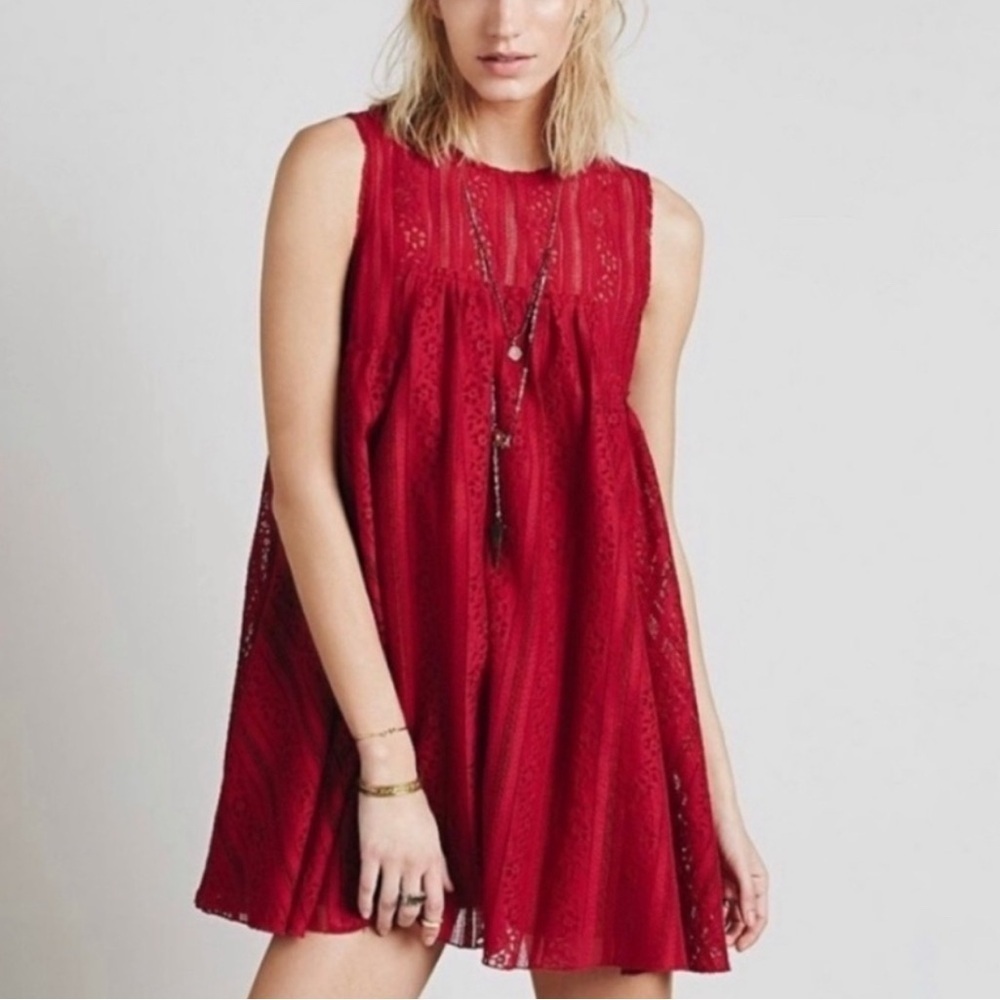 Free People Boho red lace babydoll mini dress Size Small